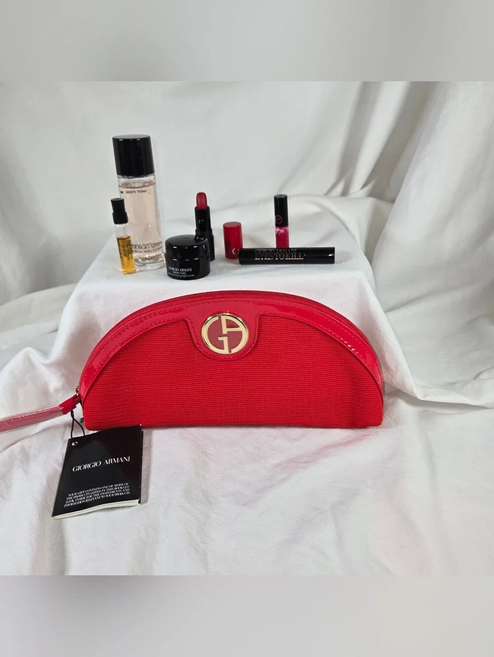 Giorgio Armani Red Semi-Circle Cosmetic Case with Gold Logo And Samples